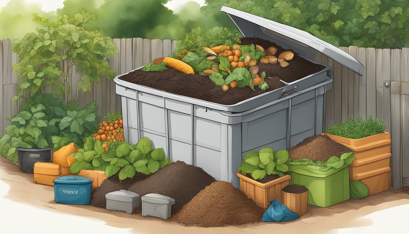 A backyard compost bin surrounded by greenery and filled with layers of food scraps, yard waste, and finished compost in San Antonio, TX