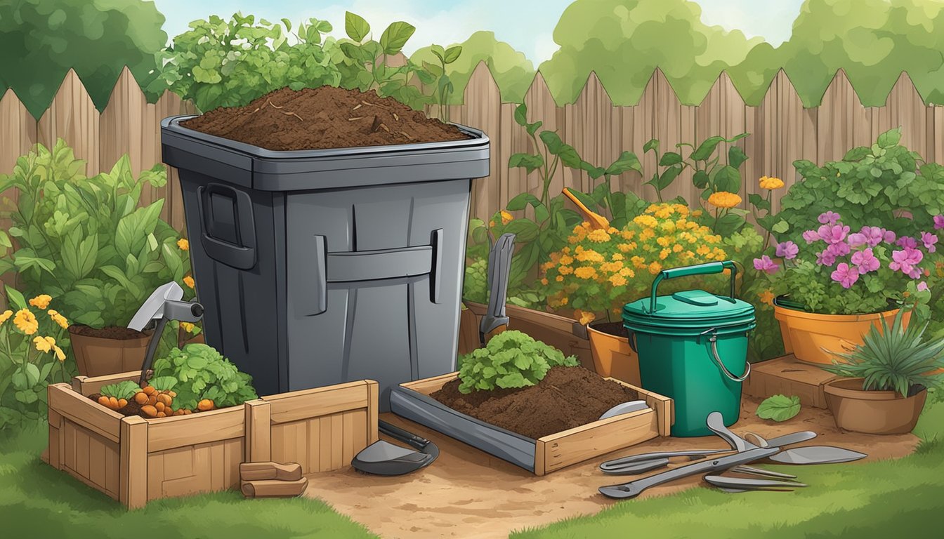 A backyard compost bin surrounded by gardening tools and a variety of organic materials, with a guide to composting in Killeen, TX open on a nearby table