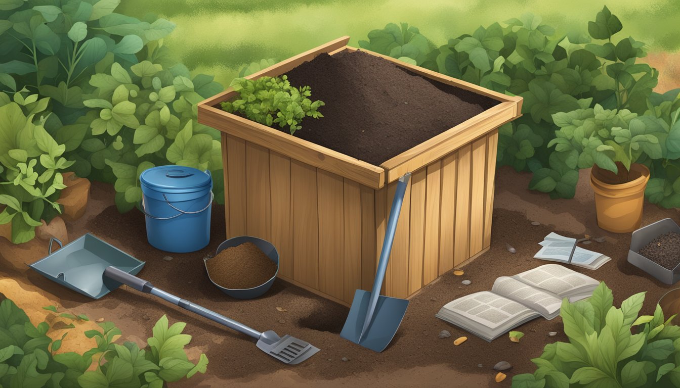 A compost bin surrounded by a variety of organic materials, with a shovel and a guidebook on top