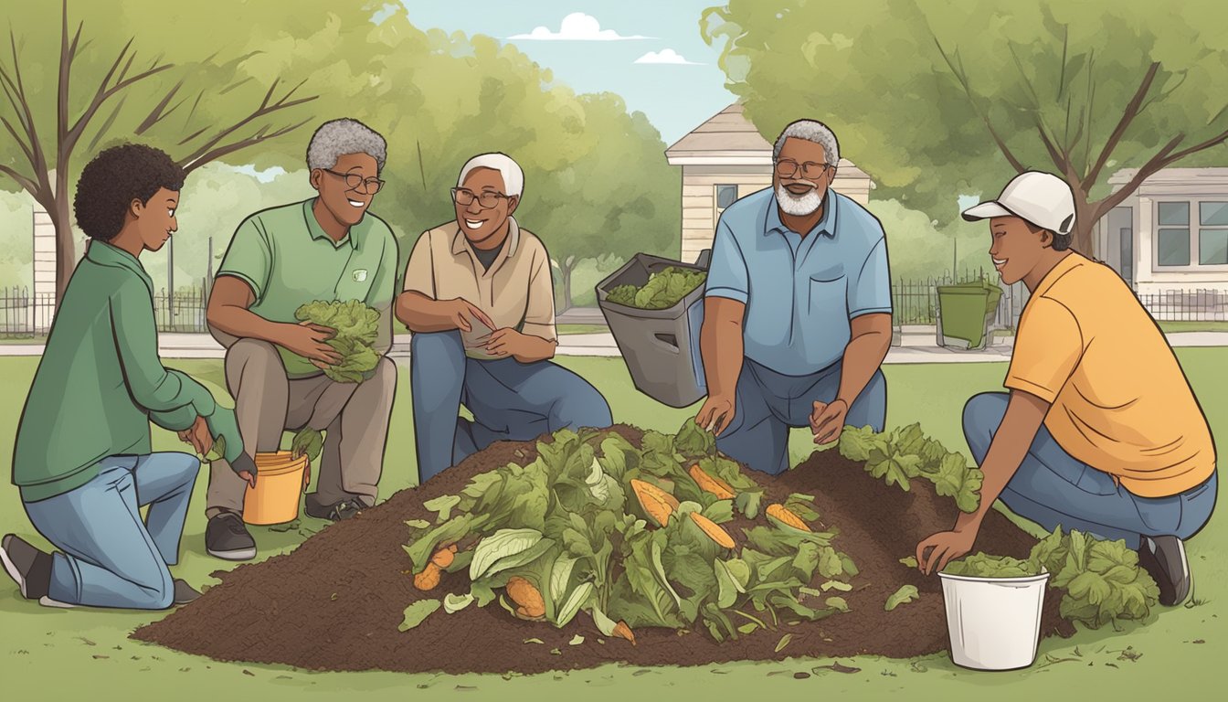 A group of community members gather around a composting bin in a local park, dropping in food scraps and yard waste while discussing the benefits of composting