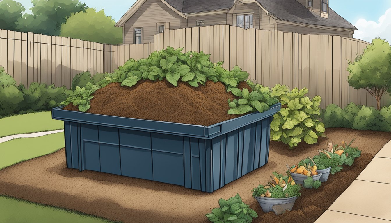 A backyard compost pile with various organic materials layered in a bin, surrounded by greenery and a suburban setting in Lewisville, TX