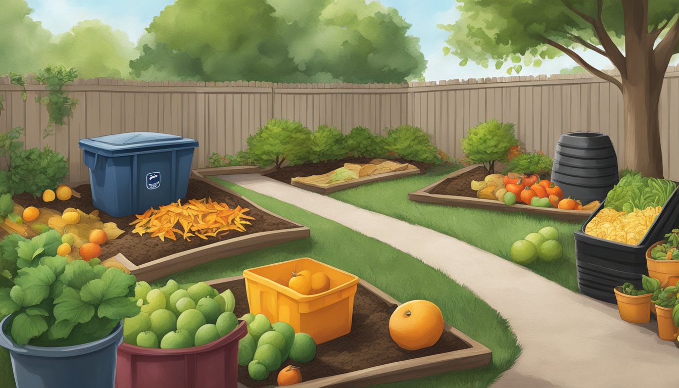 A backyard in Lewisville, TX with a compost bin surrounded by various organic materials such as fruit peels, vegetable scraps, and yard waste