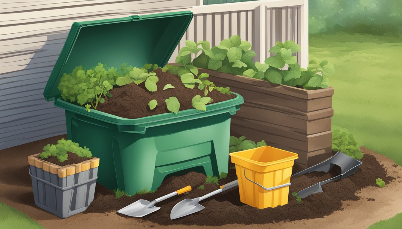 A backyard compost bin surrounded by a mix of kitchen scraps, yard waste, and soil in Waco, TX. A shovel and a pair of gardening gloves are nearby