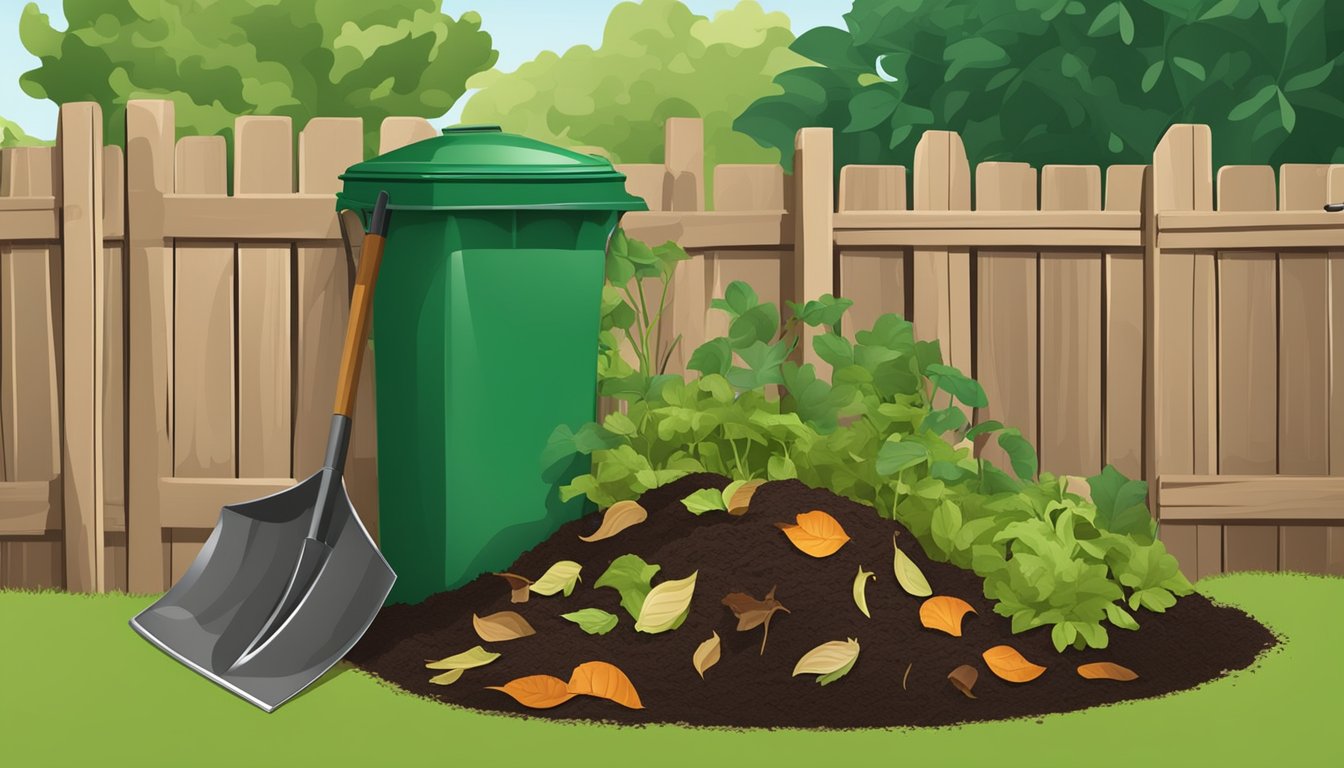 A backyard compost bin surrounded by a mix of green and brown organic waste, with a shovel and rake nearby