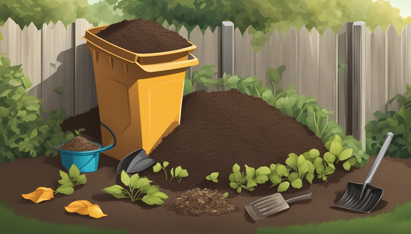 A backyard compost bin surrounded by a mix of green and brown organic waste, with a shovel and "Your Compost" guidebook nearby