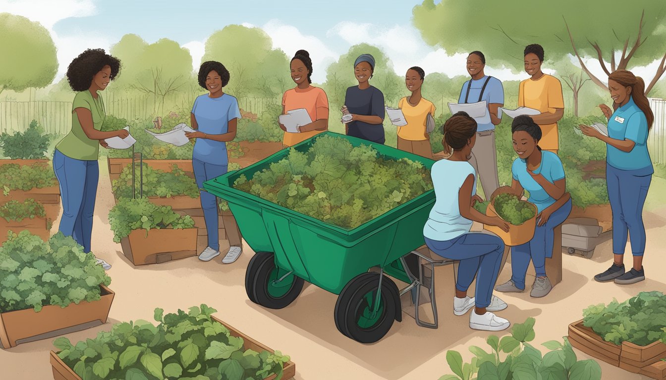 A diverse group of people in Lewisville, TX work together to compost in a community garden, with a municipal composting guide displayed nearby