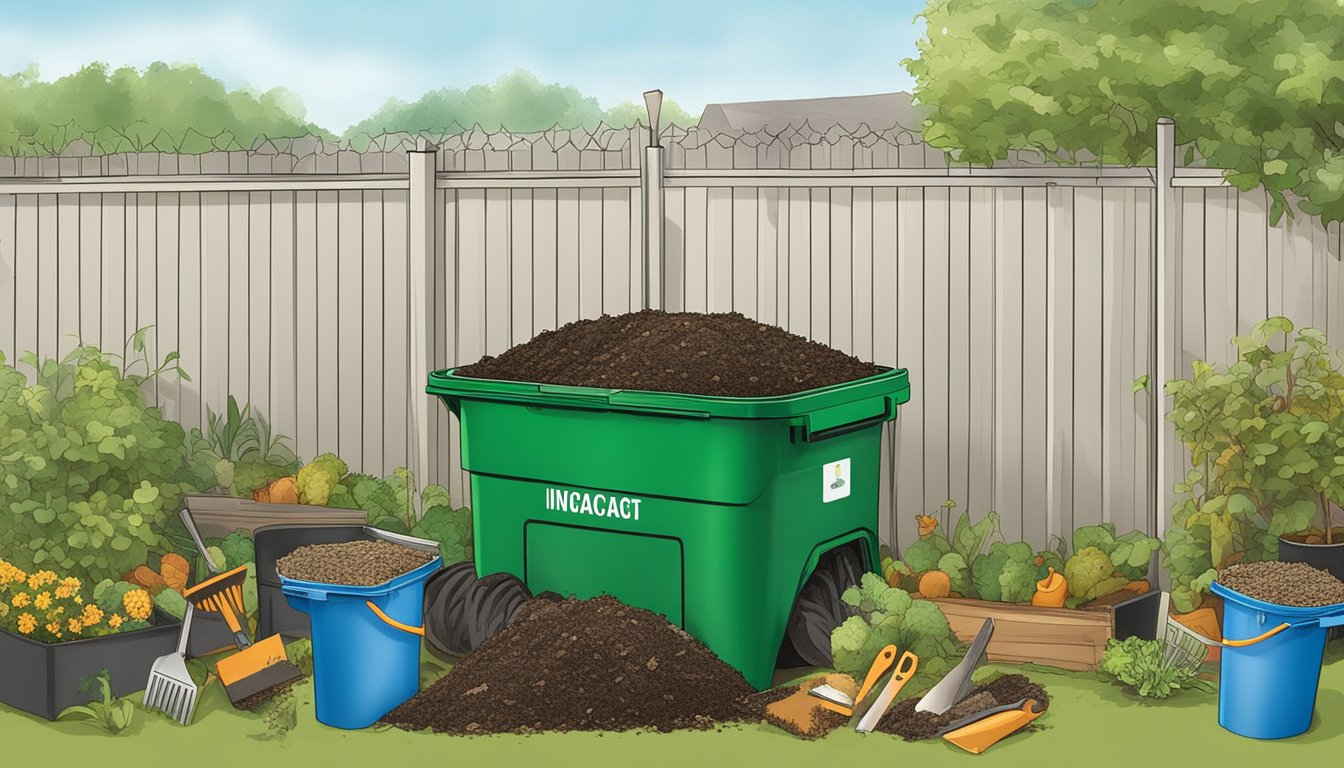 A backyard compost bin surrounded by garden tools and various types of organic waste, with a small sign indicating "Innovations in Composting - Waco, TX."