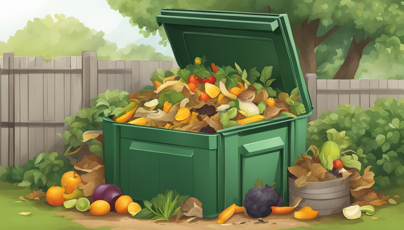 A backyard compost bin surrounded by a variety of organic waste, including fruit peels, vegetable scraps, and yard clippings