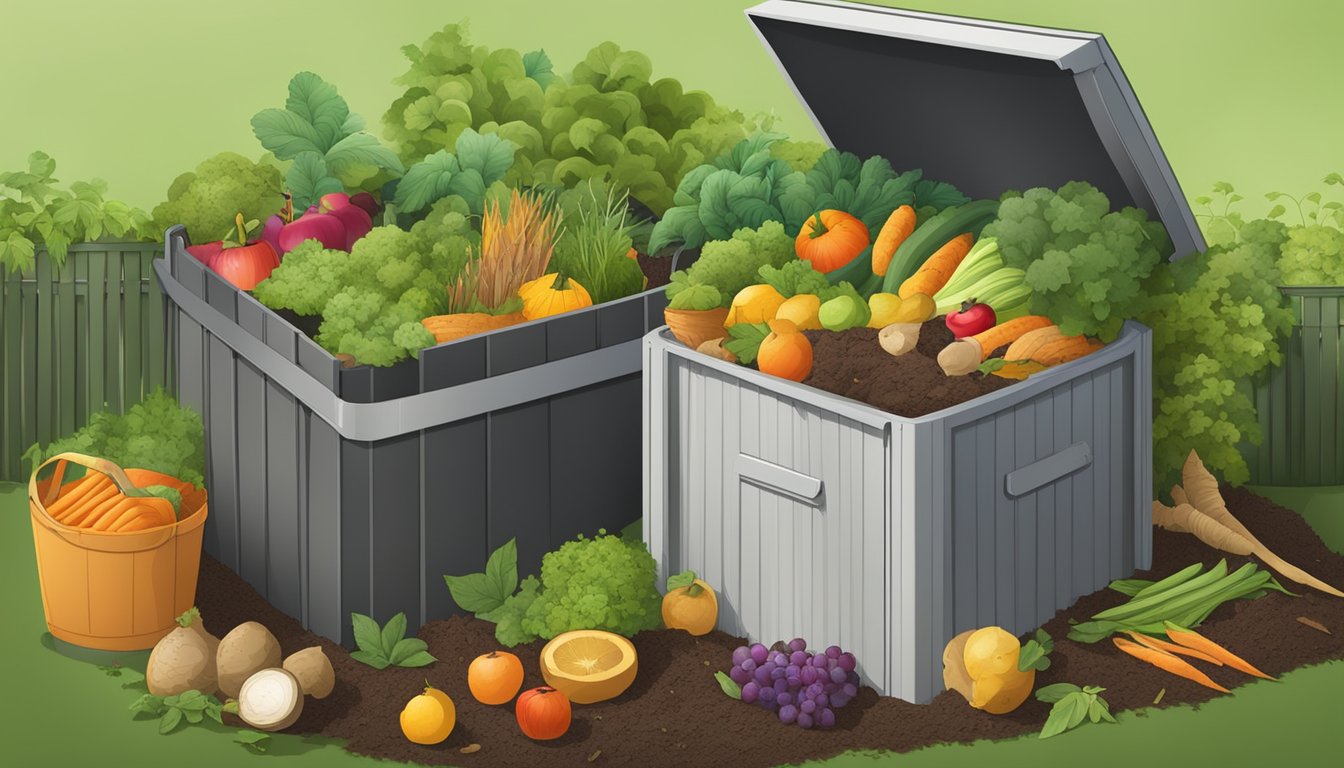 A backyard compost bin surrounded by a variety of organic materials, including fruit and vegetable scraps, leaves, and grass clippings