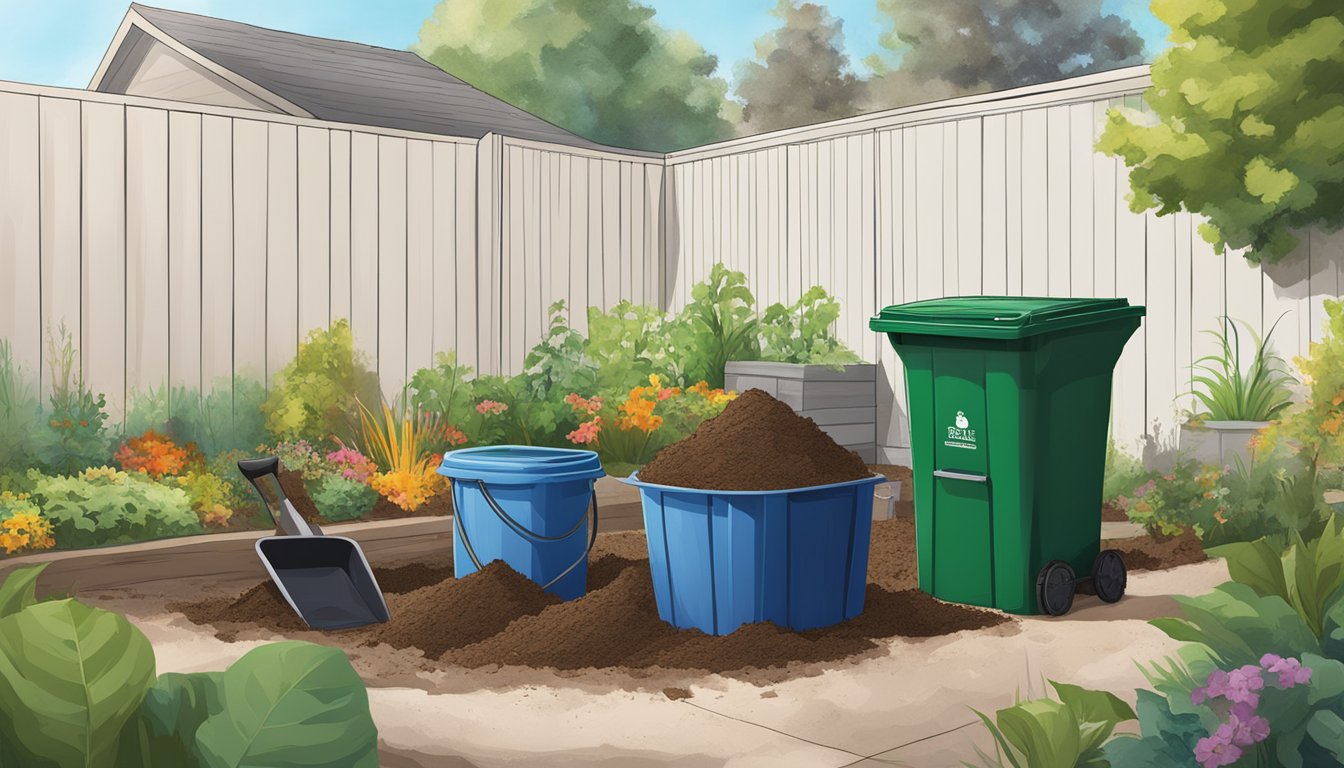 A backyard in Salt Lake City with a compost bin, a shovel, and various organic waste materials spread out on the ground