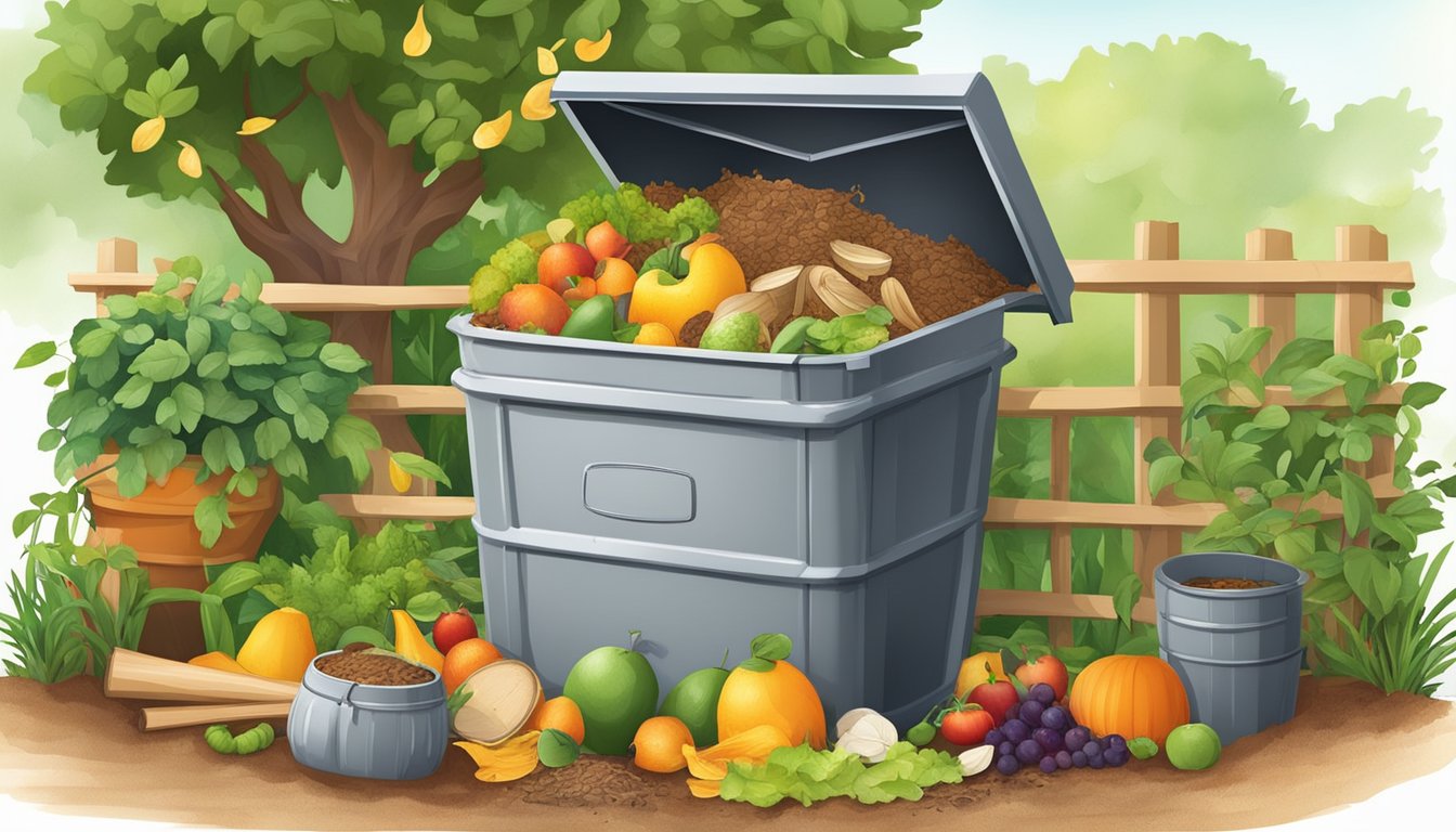 A backyard compost bin surrounded by a variety of organic materials such as fruit peels, vegetable scraps, and yard waste