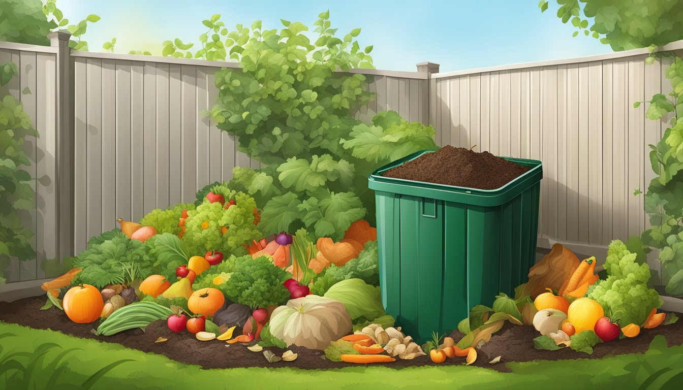 A backyard compost bin surrounded by a variety of organic waste, including fruit and vegetable scraps, leaves, and grass clippings