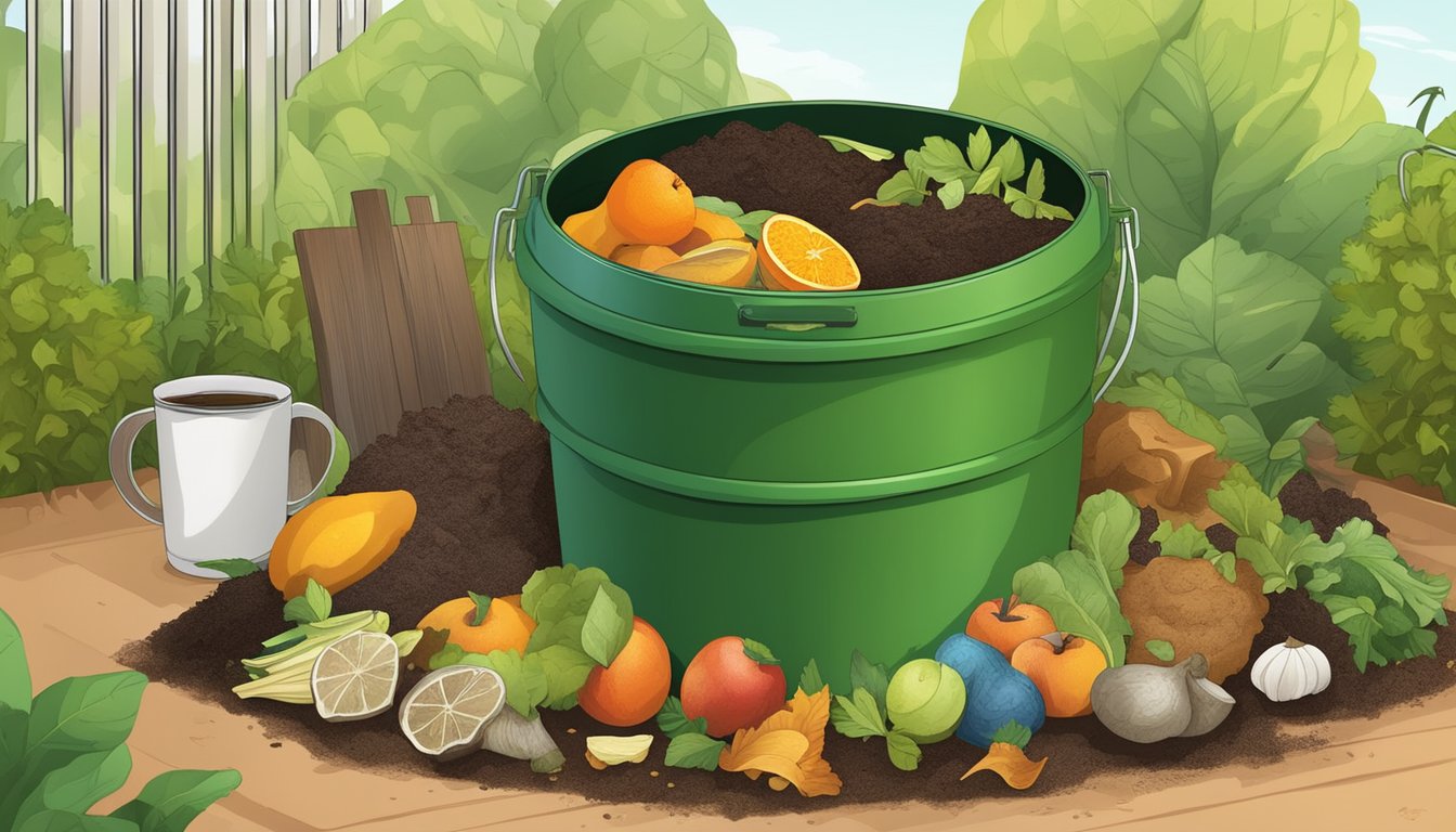 A backyard compost bin surrounded by various organic waste items such as fruit peels, vegetable scraps, and coffee grounds, with a guidebook on composting nearby