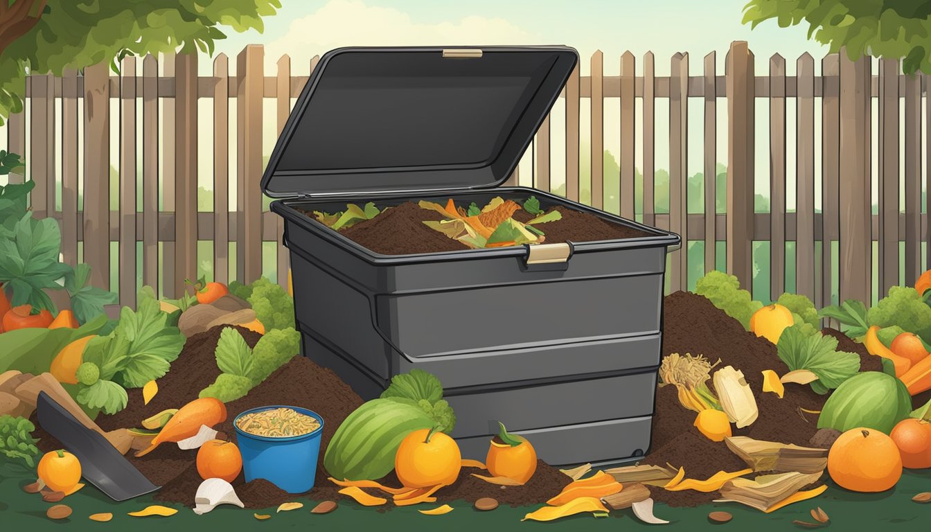 A backyard compost bin surrounded by a variety of organic waste, including fruit peels, vegetable scraps, and coffee grounds. A shovel and a composting guide book are nearby