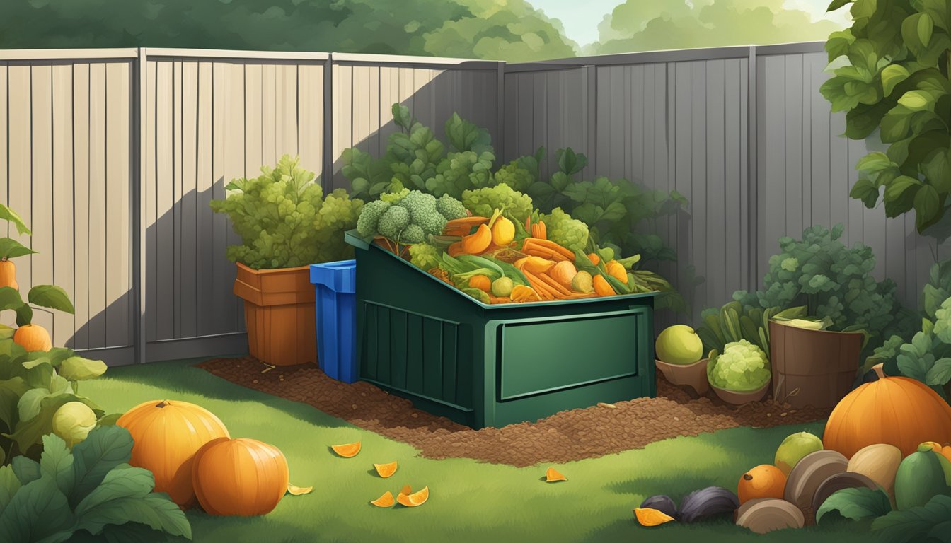 A backyard with a compost bin surrounded by various organic materials such as fruit peels, vegetable scraps, and yard waste