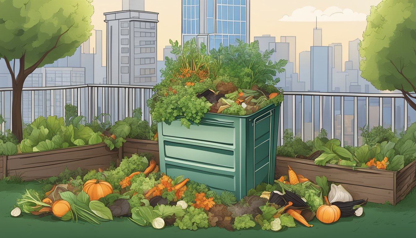 A backyard compost bin surrounded by greenery and kitchen scraps, with a city skyline in the background