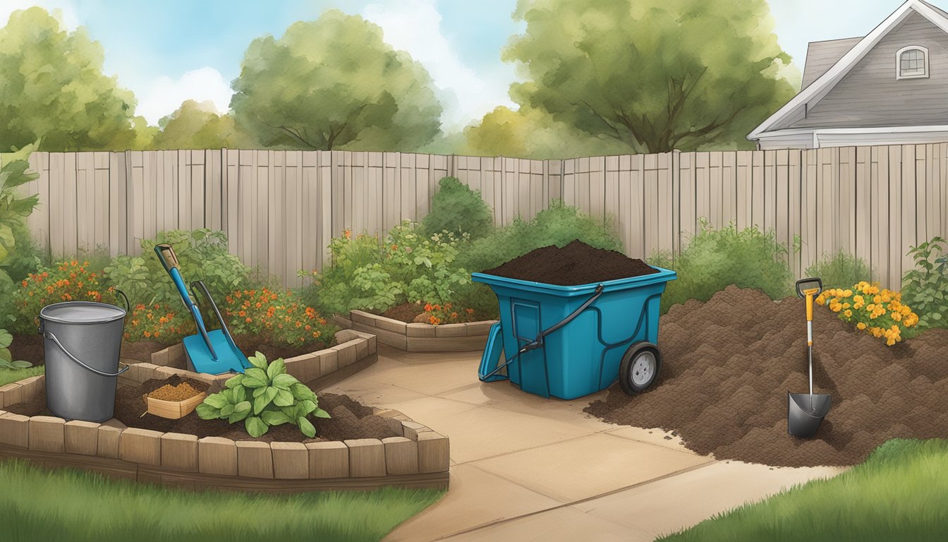 A backyard in McKinney, TX with a compost bin, garden tools, and various organic waste materials being added to the compost pile