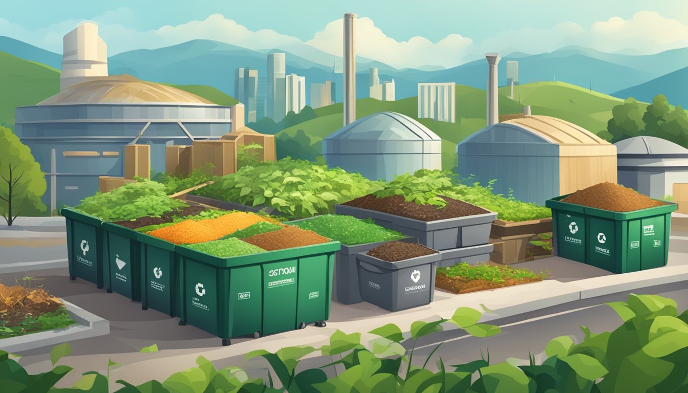 A cityscape with a composting facility and bins, surrounded by greenery and recycling symbols. A city skyline and mountains in the background