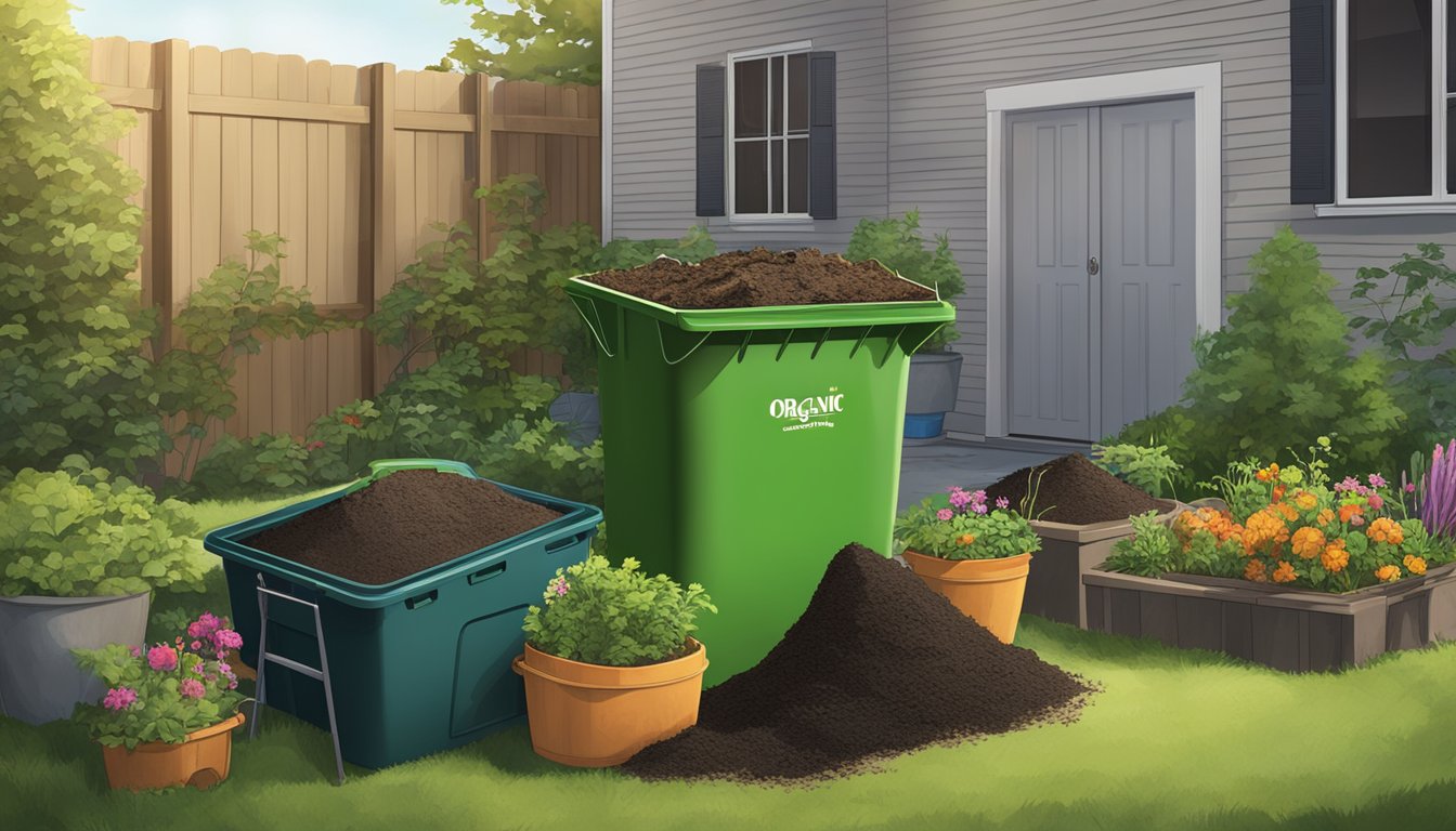 A backyard in Richardson, TX with a compost bin, garden tools, and a pile of organic waste