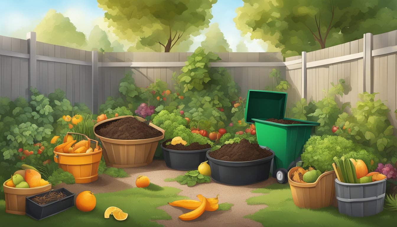 A backyard with a compost bin surrounded by garden tools and a variety of organic waste materials, such as fruit peels and vegetable scraps