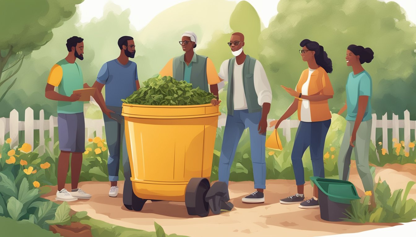 A group of community members gather around a composting bin in a lush garden, working together to recycle organic waste and reduce environmental impact