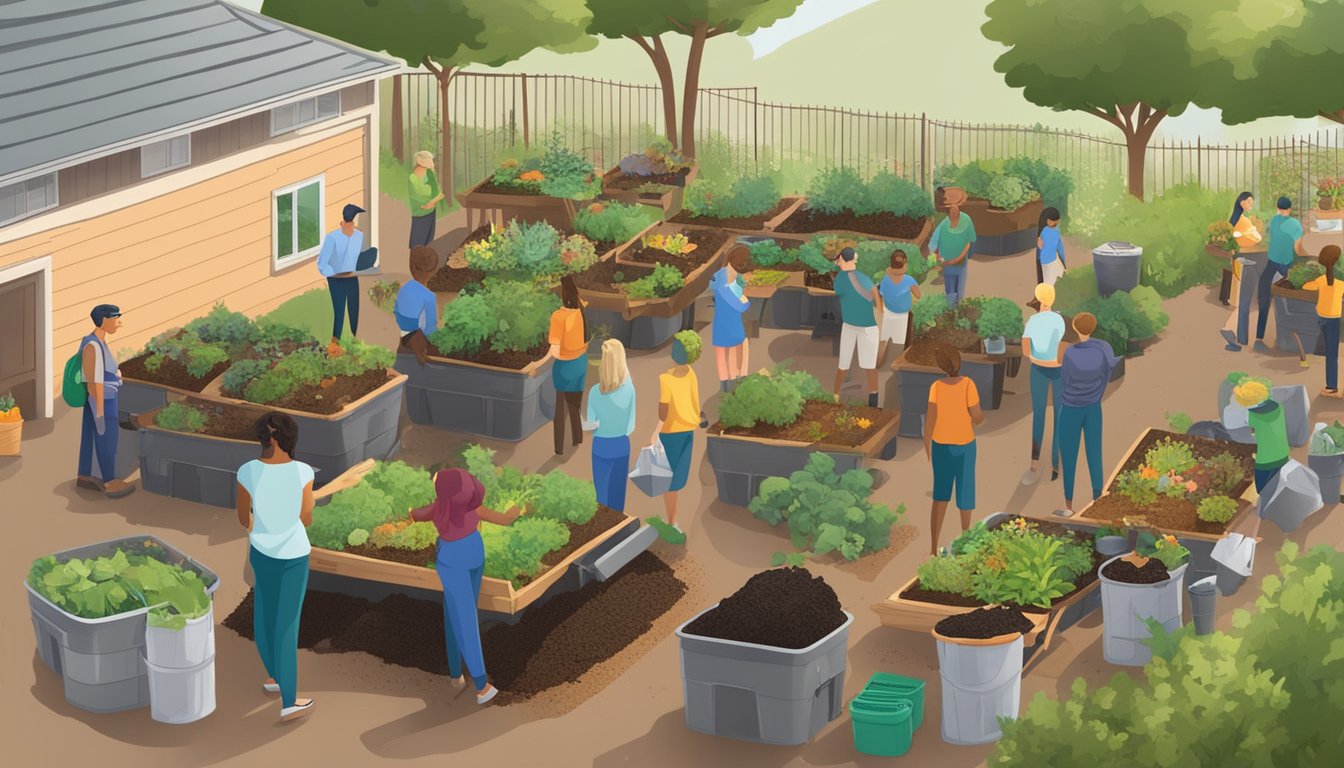 A group of people in Richardson, TX, gather to learn about composting. They are surrounded by compost bins, gardening tools, and educational materials