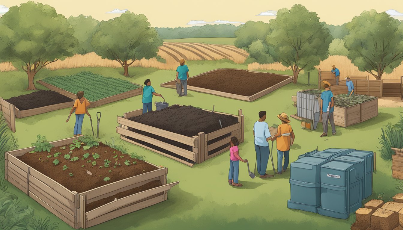 A diverse array of composting materials surrounded by helpful resources and support guides in a scenic McKinney, TX setting