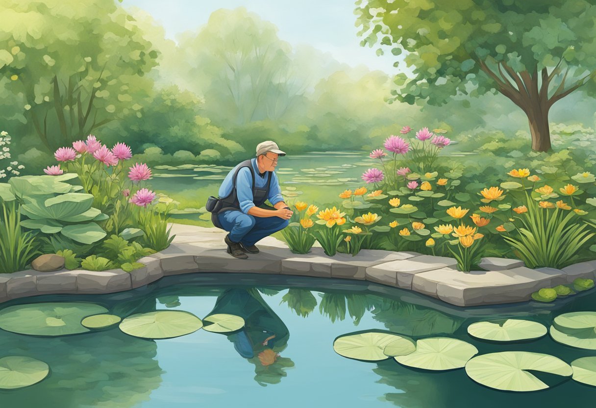 A pond expert kneels by a lush garden pond, offering advice to a homeowner. Water lilies and fish can be seen in the clear water