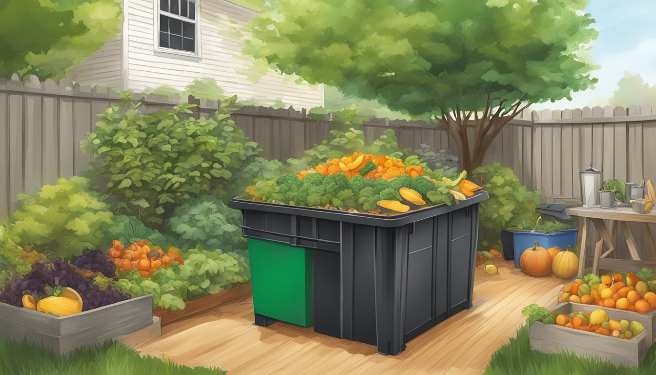 A backyard in Alexandria, VA with a compost bin surrounded by a variety of organic waste materials such as fruit peels, vegetable scraps, and yard clippings