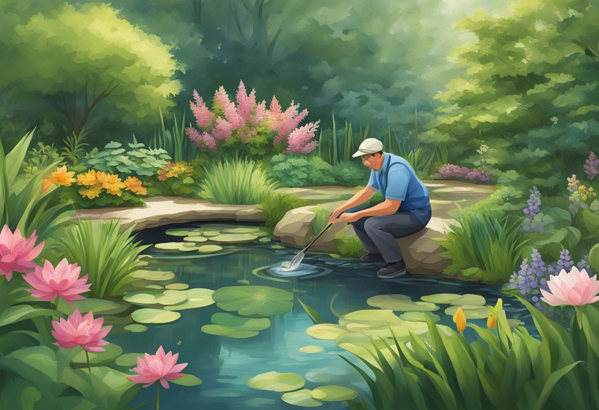 A pond expert carefully designs and constructs a serene garden pond, surrounded by lush greenery and vibrant aquatic life