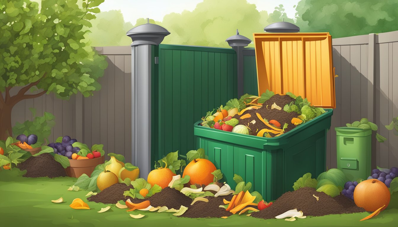 A backyard compost bin surrounded by a variety of organic waste, including fruit peels, vegetable scraps, and yard clippings