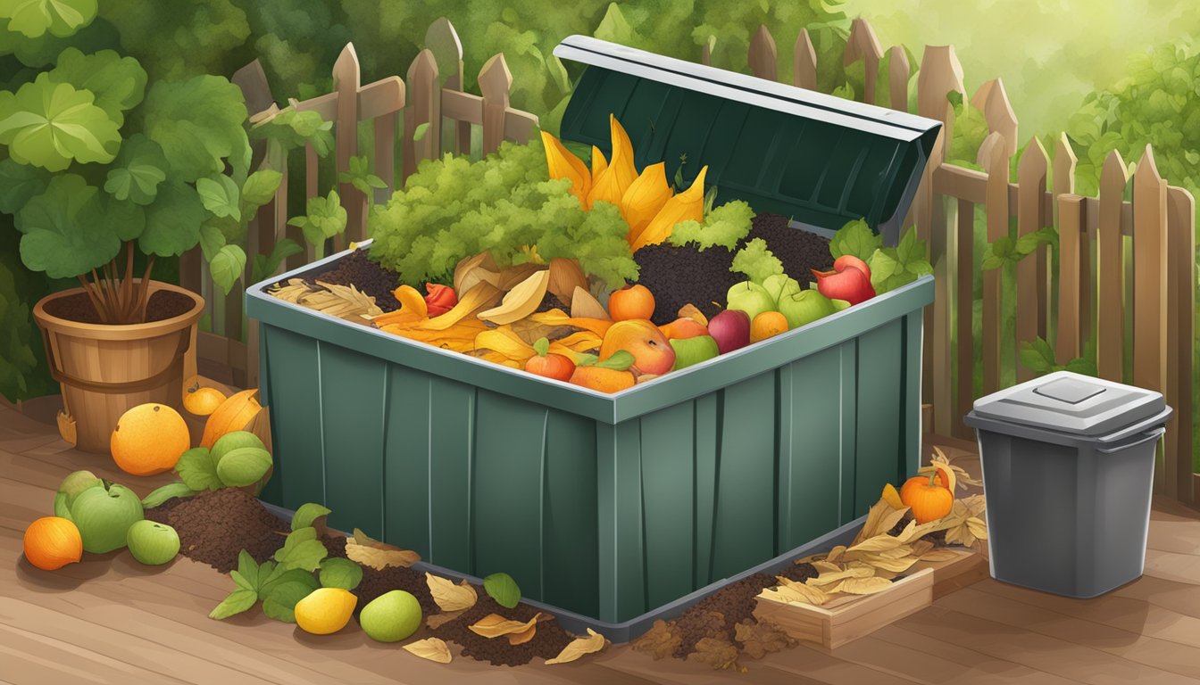 A backyard compost bin surrounded by a variety of organic materials such as fruit peels, vegetable scraps, and dry leaves