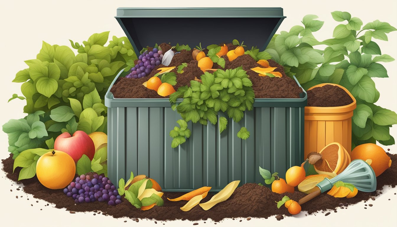 A backyard compost bin surrounded by a variety of organic waste, including fruit peels, coffee grounds, and garden trimmings