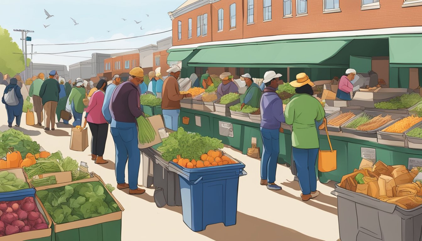 A bustling farmers market with diverse patrons dropping off food scraps at a composting station in Alexandria, VA