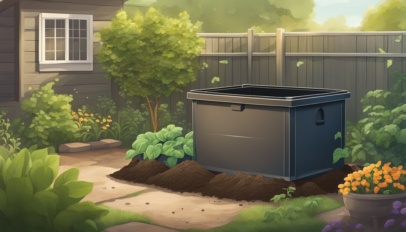 A compost bin sits in a backyard, with aeration holes and moisture evident in the soil. Surrounding plants thrive in the nutrient-rich environment