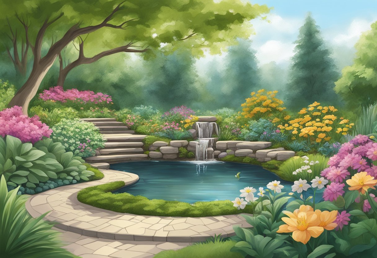 A serene garden with a pond expert designing a water feature surrounded by lush plants and flowers