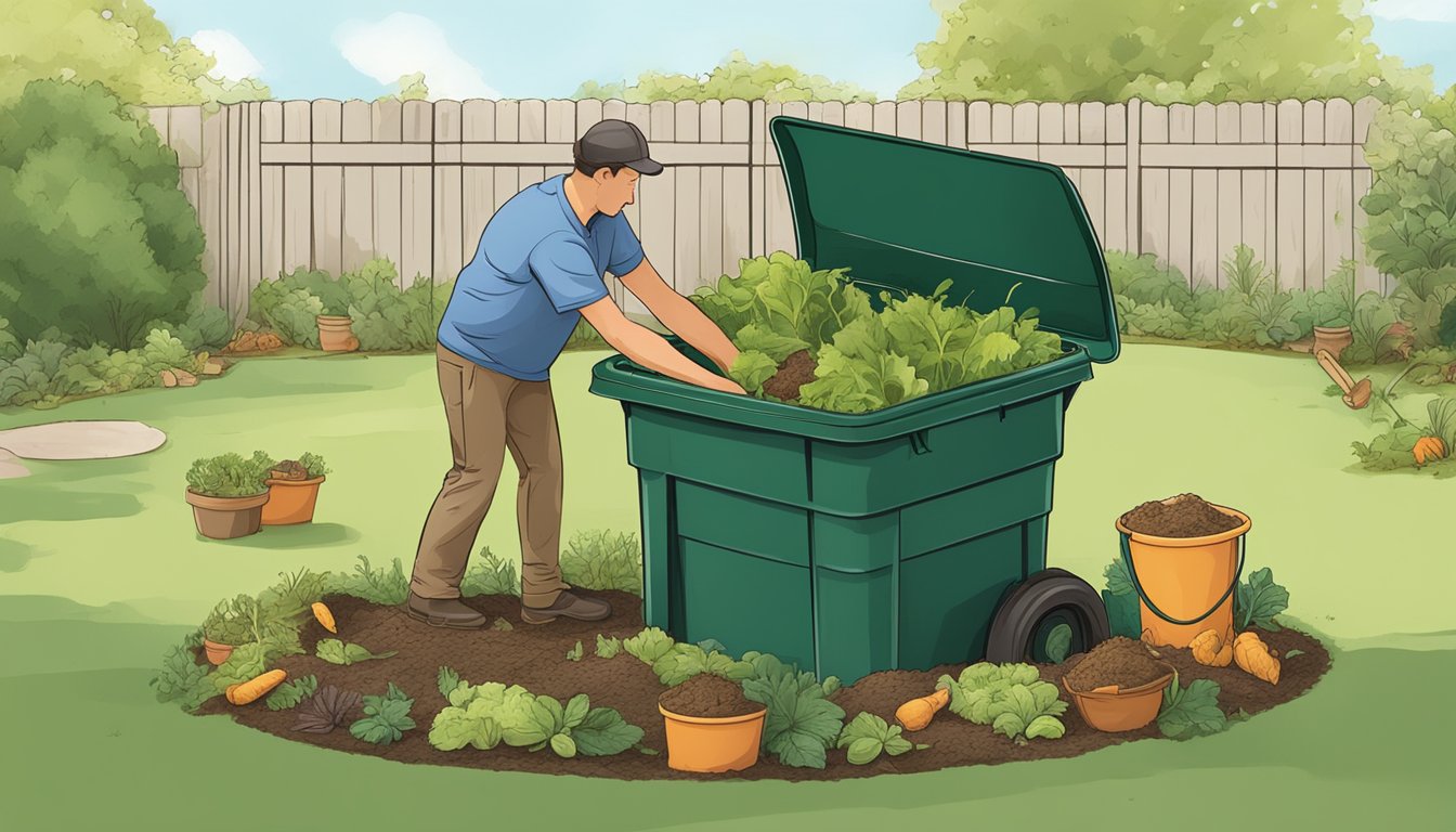 A person placing kitchen scraps and yard waste into a compost bin in a backyard garden