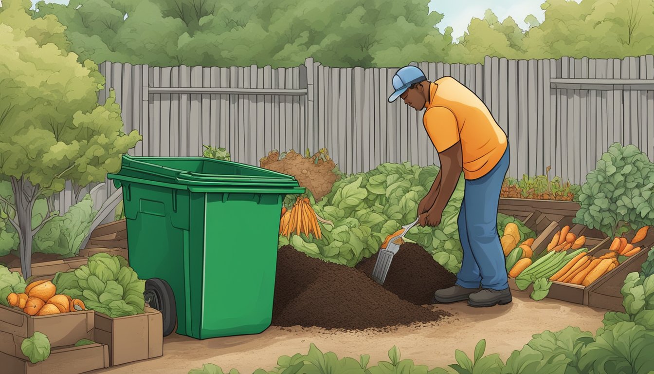 A city worker empties a green bin of food scraps into a large compost pile in a community garden