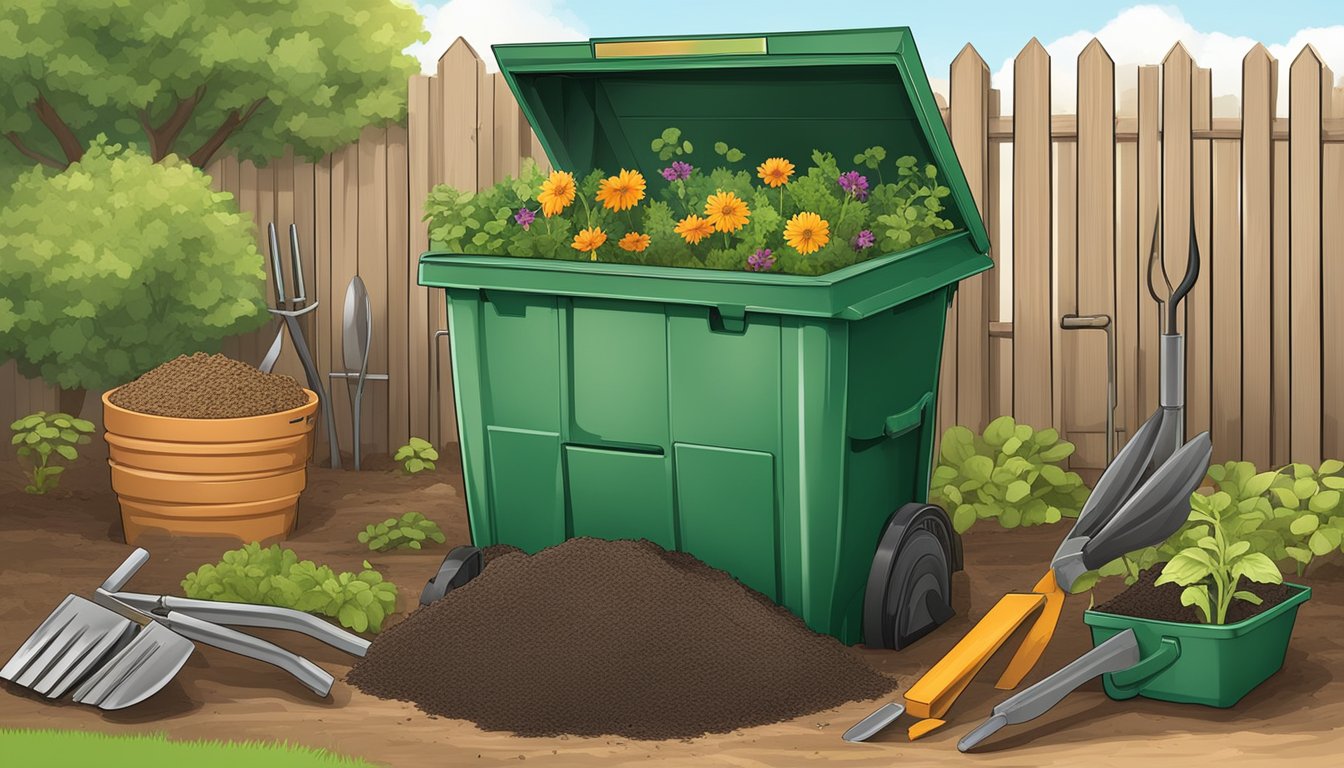 A backyard compost bin surrounded by gardening tools and a pile of organic waste, with a Finished Compost guide open nearby