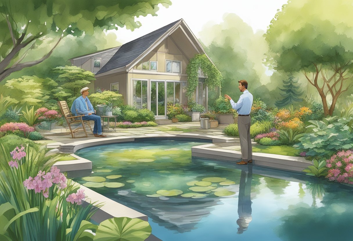 A pond expert discussing personalized pond designs with a client in a lush garden setting, surrounded by various plants and water features