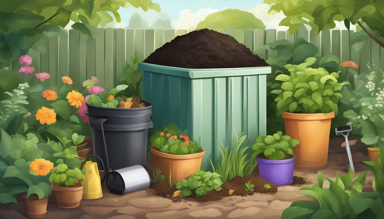 A lush garden with a compost bin, surrounded by various organic waste materials and gardening tools