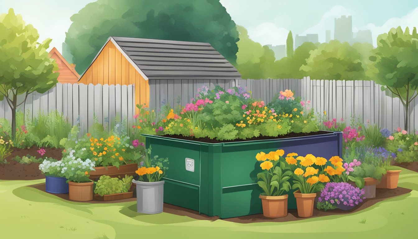 A backyard compost bin surrounded by a diverse array of plants and flowers, with a small community garden in the background