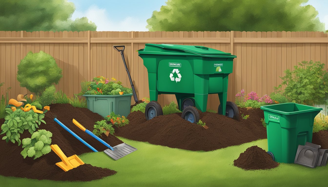 A backyard in Sugar Land, Texas with a compost bin, garden tools, and a variety of organic waste being added to the pile