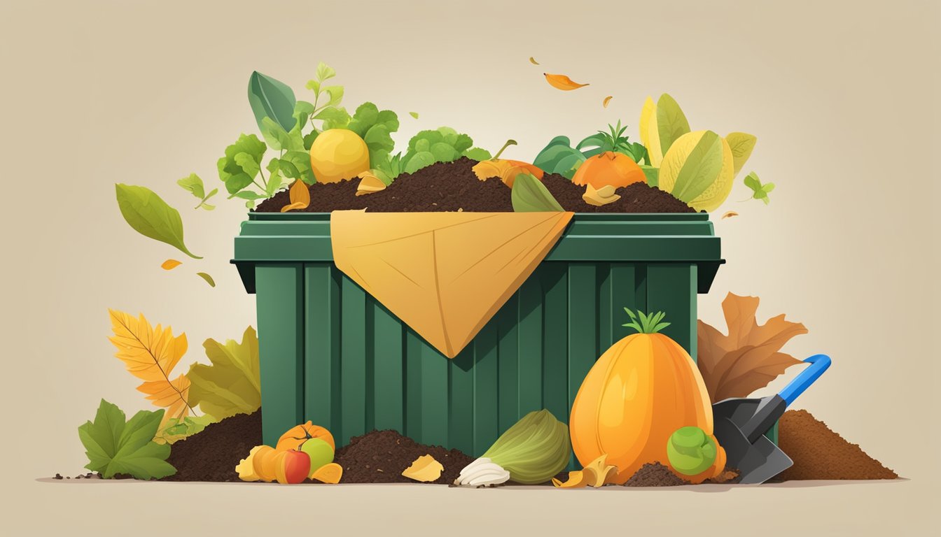 A backyard compost bin surrounded by a variety of organic waste materials, such as fruit peels, vegetable scraps, and dry leaves. A shovel and gardening gloves are nearby