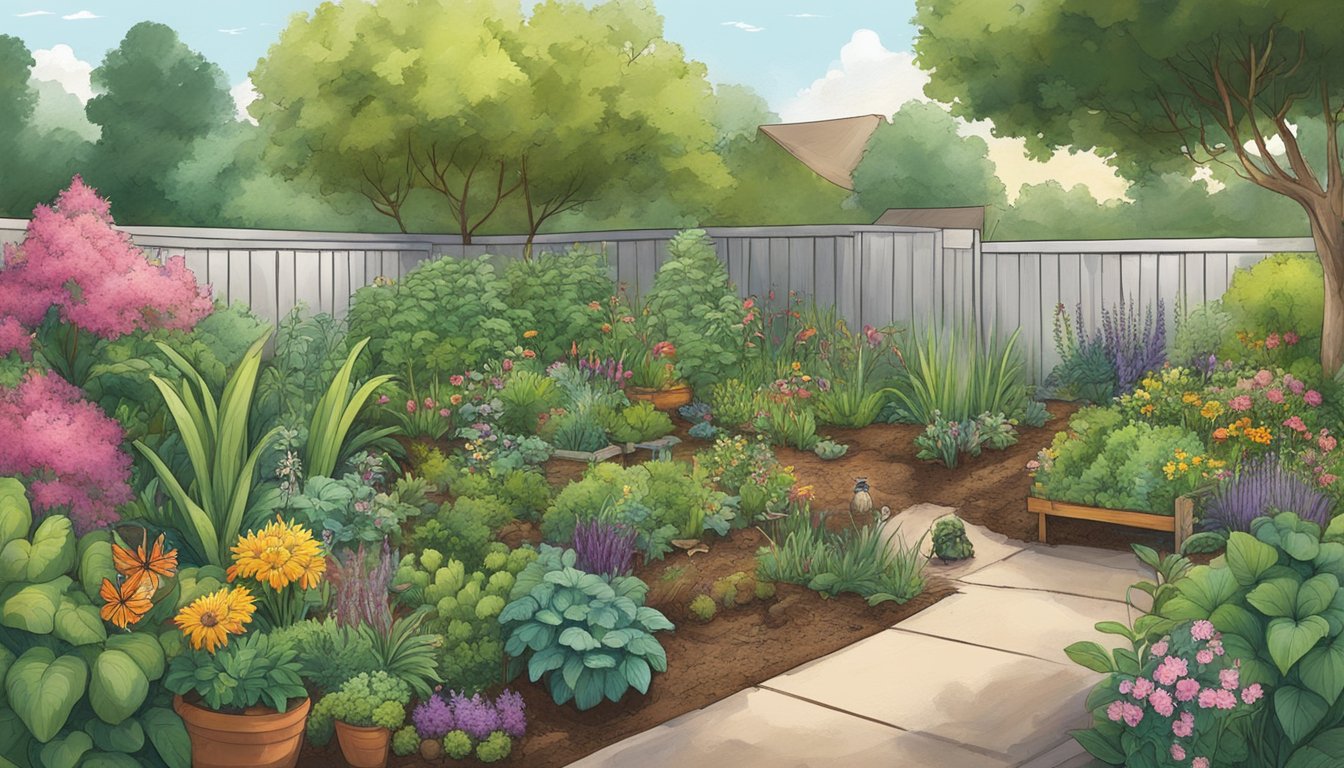 A lush garden in Sugar Land, TX with a compost bin, various plant materials, and a diverse array of insects and microorganisms working to break down organic matter