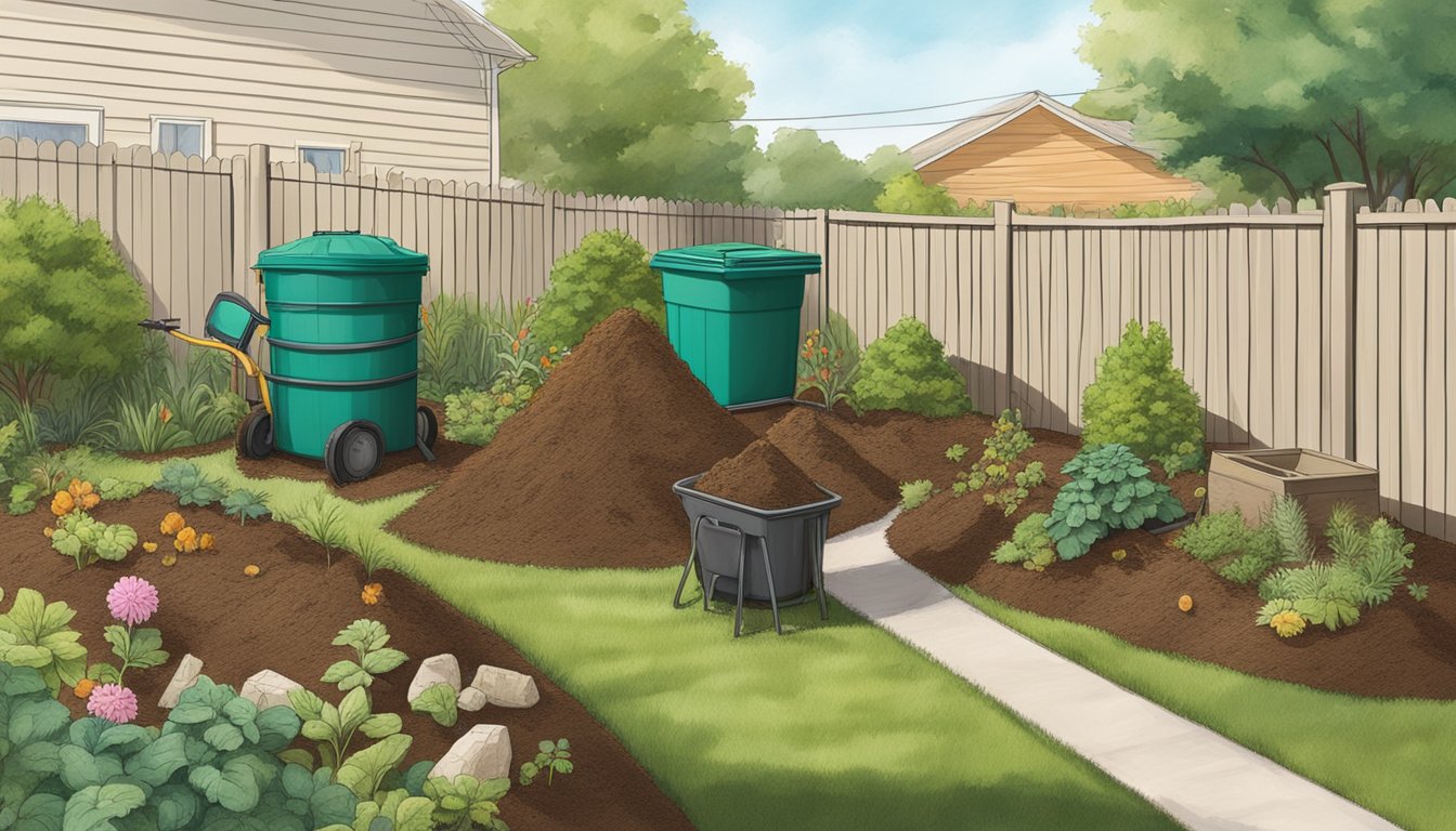 A backyard in Sugar Land, TX, with a compost bin, gardening tools, and various organic waste materials being added to the compost pile