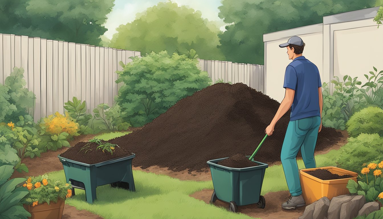 A person turning a compost pile in a backyard surrounded by greenery and a compost bin