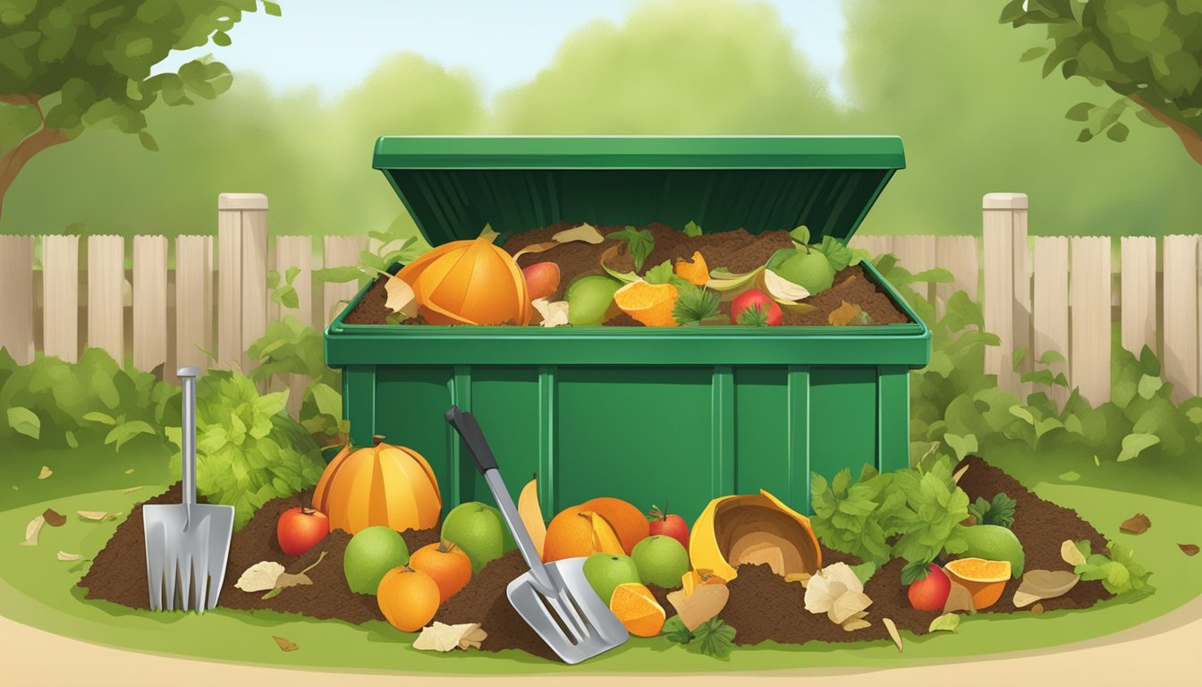 A backyard compost bin surrounded by a variety of organic waste materials, including fruit peels, leaves, and grass clippings. A shovel and pitchfork are nearby