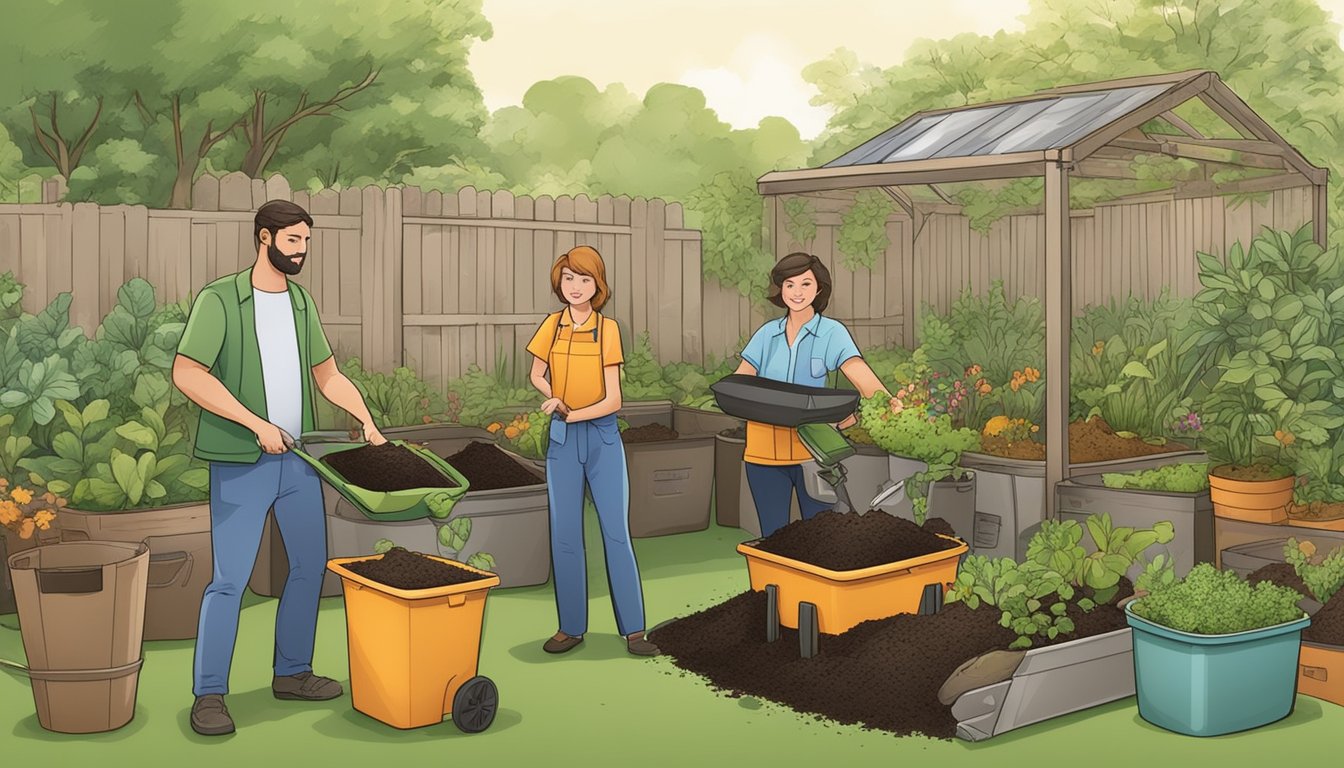 A group of professionals demonstrate composting techniques in a lush garden setting, surrounded by compost bins and gardening tools