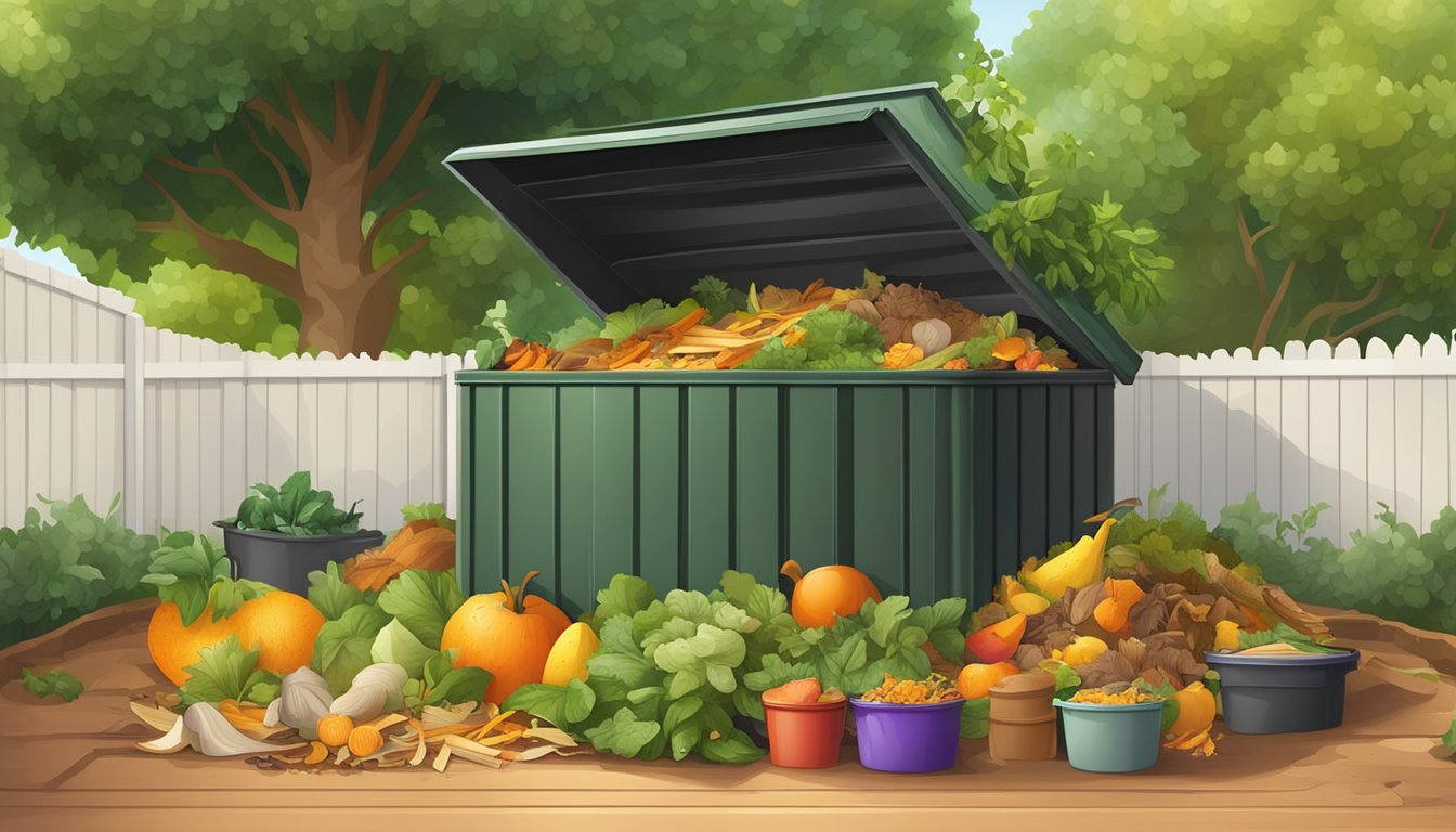 A backyard compost bin surrounded by a variety of organic waste materials, such as fruit peels, vegetable scraps, and yard clippings